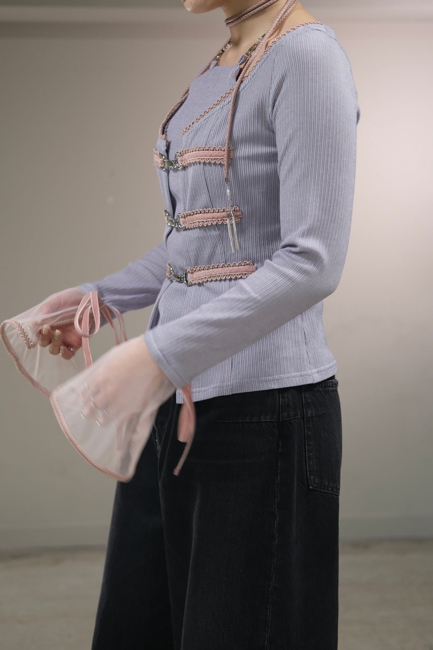 Tanaka Daisuke】sheer sleeve random rib cardigan - lavender - | loop