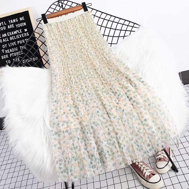 High waist floral middle length mesh pleated skirt