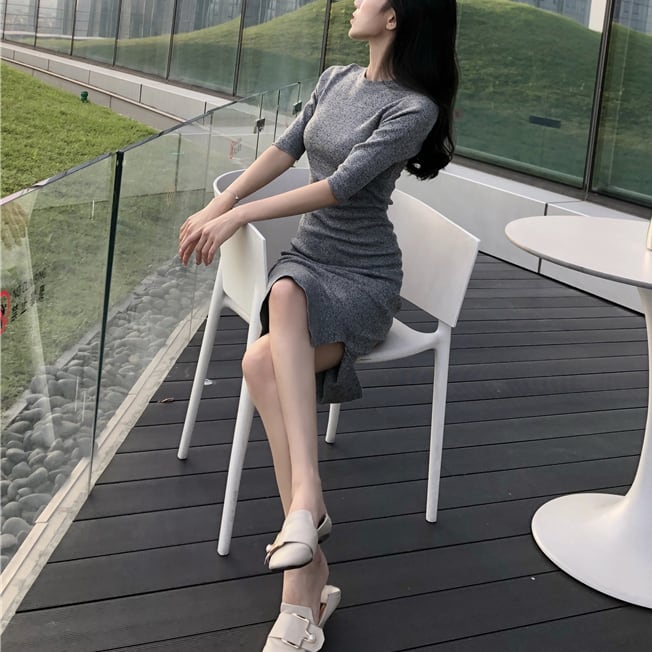 全2色 ニット ワンピース サイドスリット ボディコンシャス 五分 全2色 ニット ワンピース サイドスリット ボディコンシャス 五分