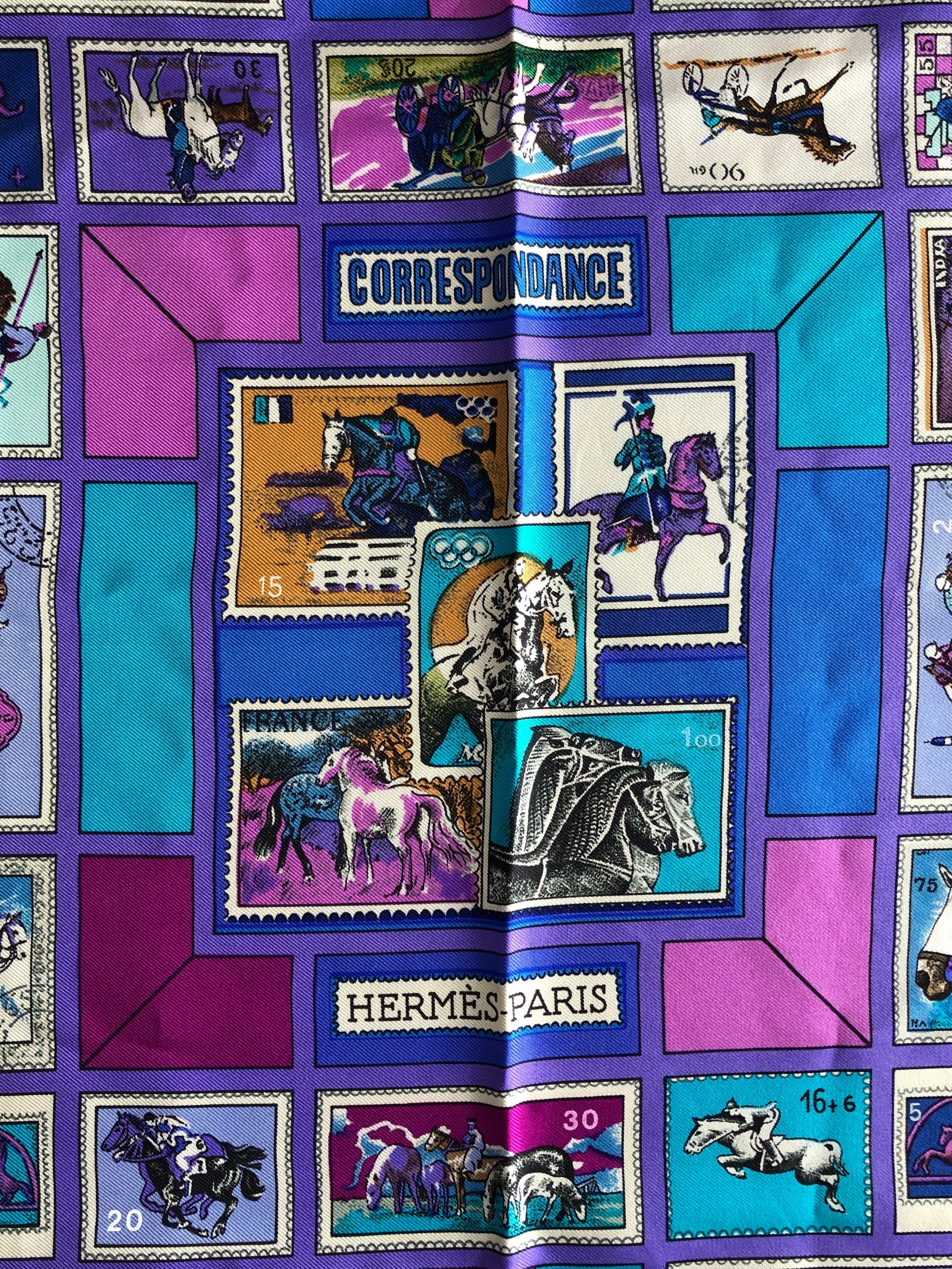 HERMES エルメス CORRESPONDANCE 切手柄 スカーフ イエロー シルク