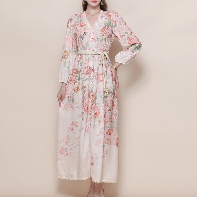 ワンピース 花柄 Vネック シングルブレスト ボヘミアン 鮮やか