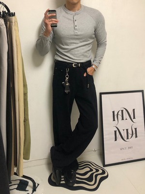 【Muscle Fit】Ribbed Henley Neck Neck Long Sleeve T-Shirts (4color)
