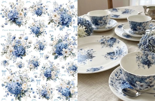 白磁用水彩Pure Blue Bouquet転写紙　ピュアブルーブーケ　A4サイズ　（ポーセリンアート用転写紙）