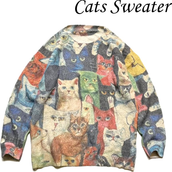 1点物◇百猫アートプリント珍品ニットセーター古着メンズXL 1点物◇百猫アートプリント珍品ニットセーター古着メンズXL