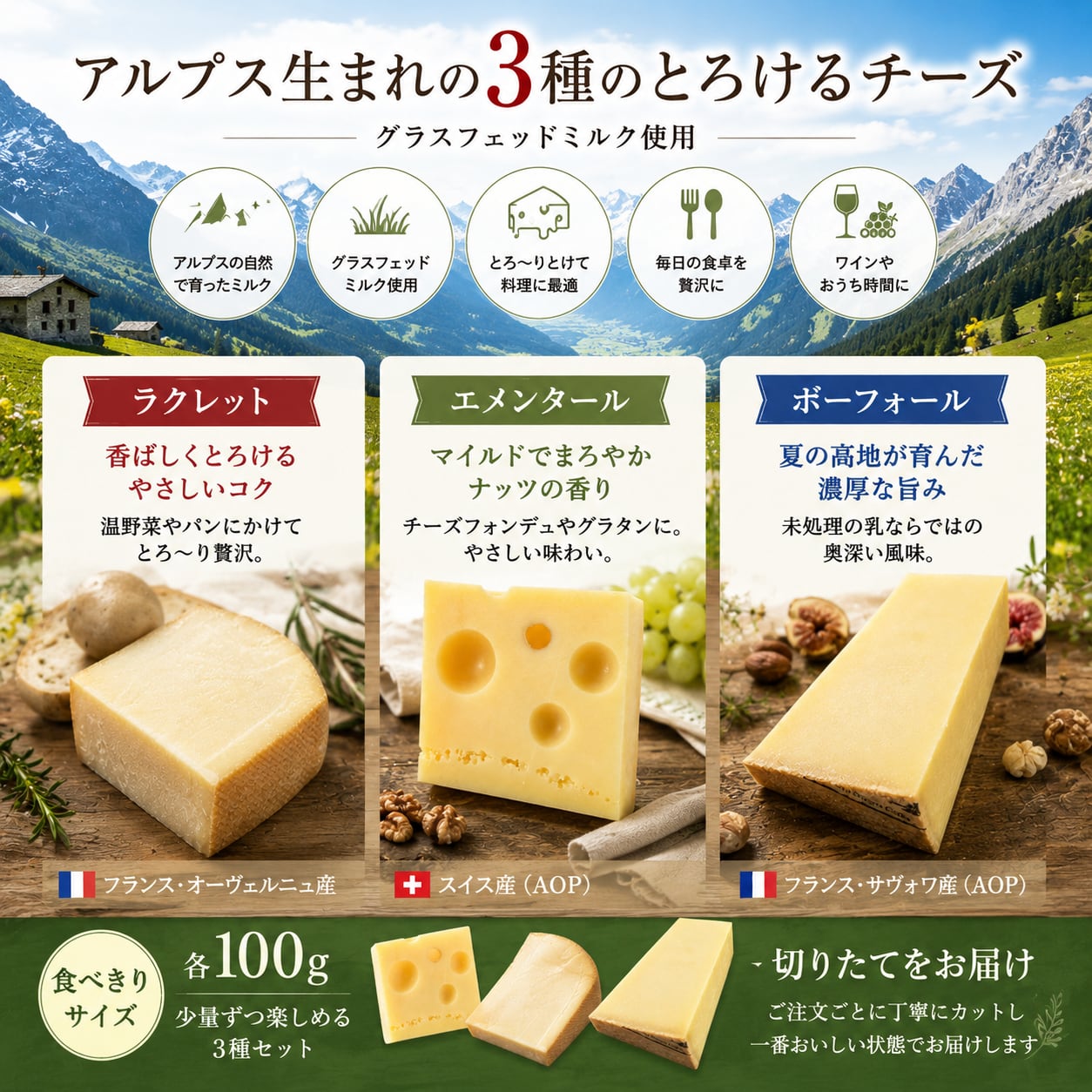 とろける3種】ラクレット・エメンタール・ボーフォール 各100g｜グラス