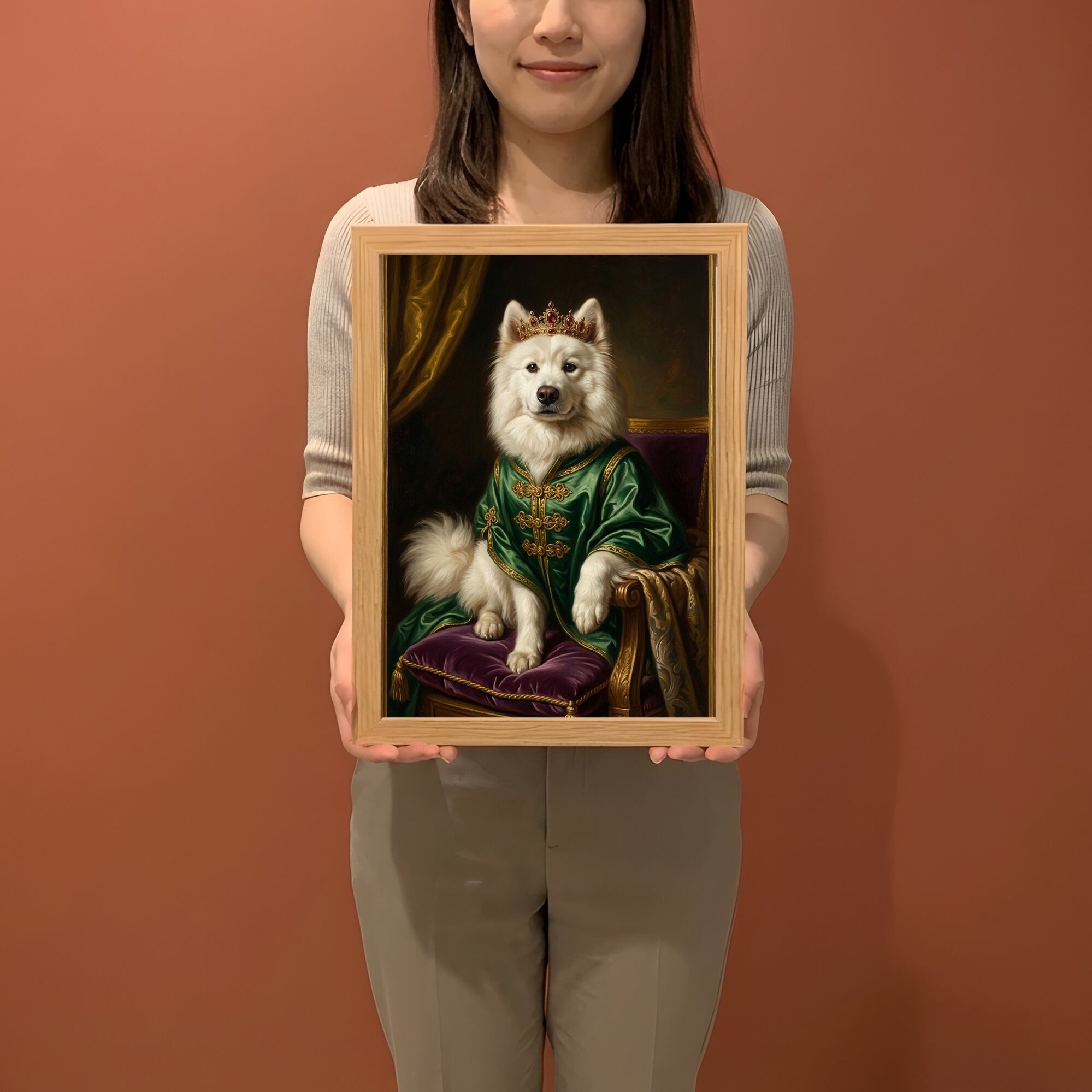 犬（サモエド）のルネサンス風肖像画 油絵風アートA4額装インテリア