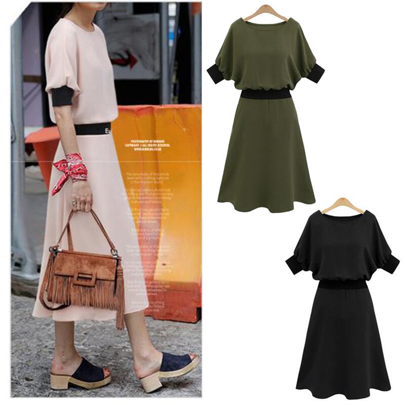 五分袖 バイカラー フレアライン ワンピース