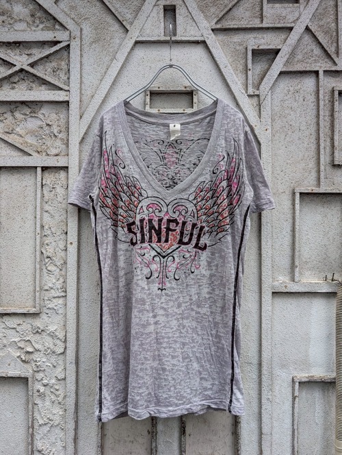 "SINFUL" v-neck sheer tee / made in USA