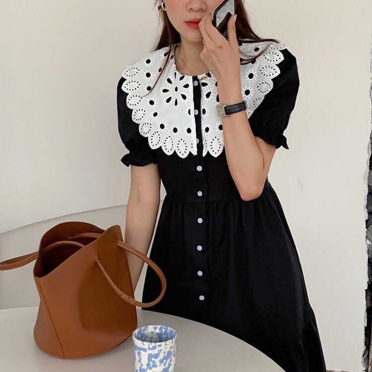 レーススリーブドレス サマーラウンドネック薄手Aラインロングスカート 夏物 Oネック ビッグFスモールZ韓国44585639287