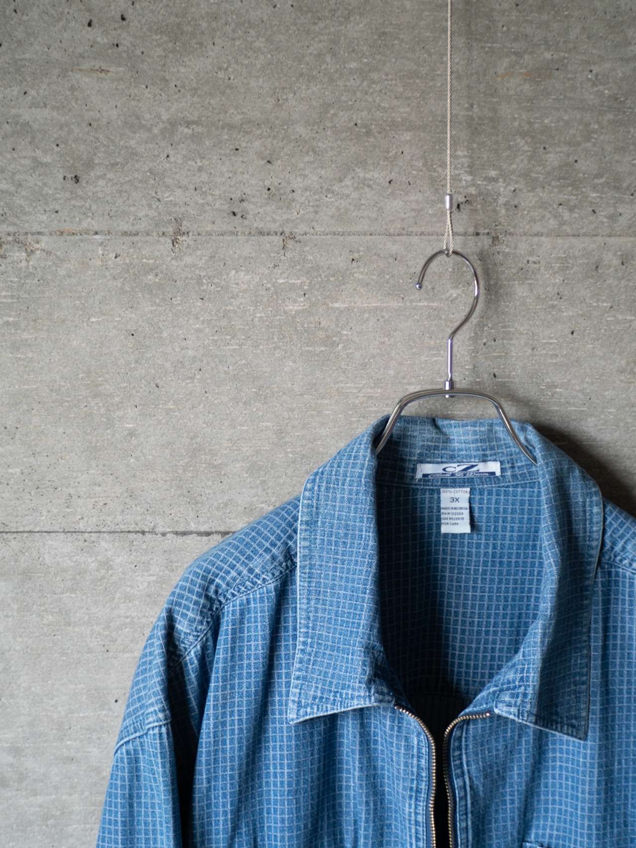 "Club Z Denim" '90s vintage Indigo small plaid zip shirt