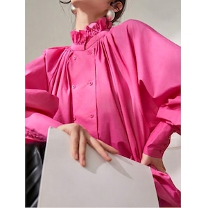 pink double breasted ruffle pleated shirt<t3132>