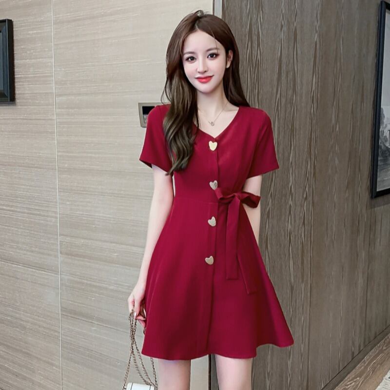 スタンダードサマードレス Vネックウェスト薄手ショートスカート レトロ 夏物 ハンチェンe88276486039