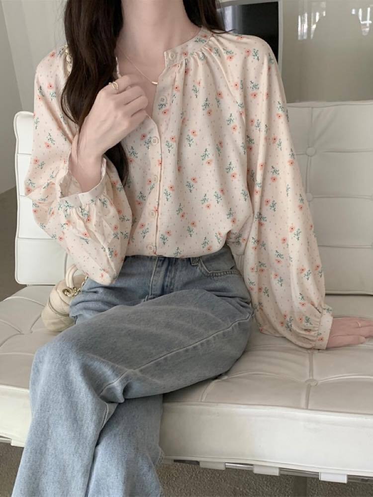 ブラウス レディース シャツ 長袖 トップス 花柄 淡色 かわいい 韓国