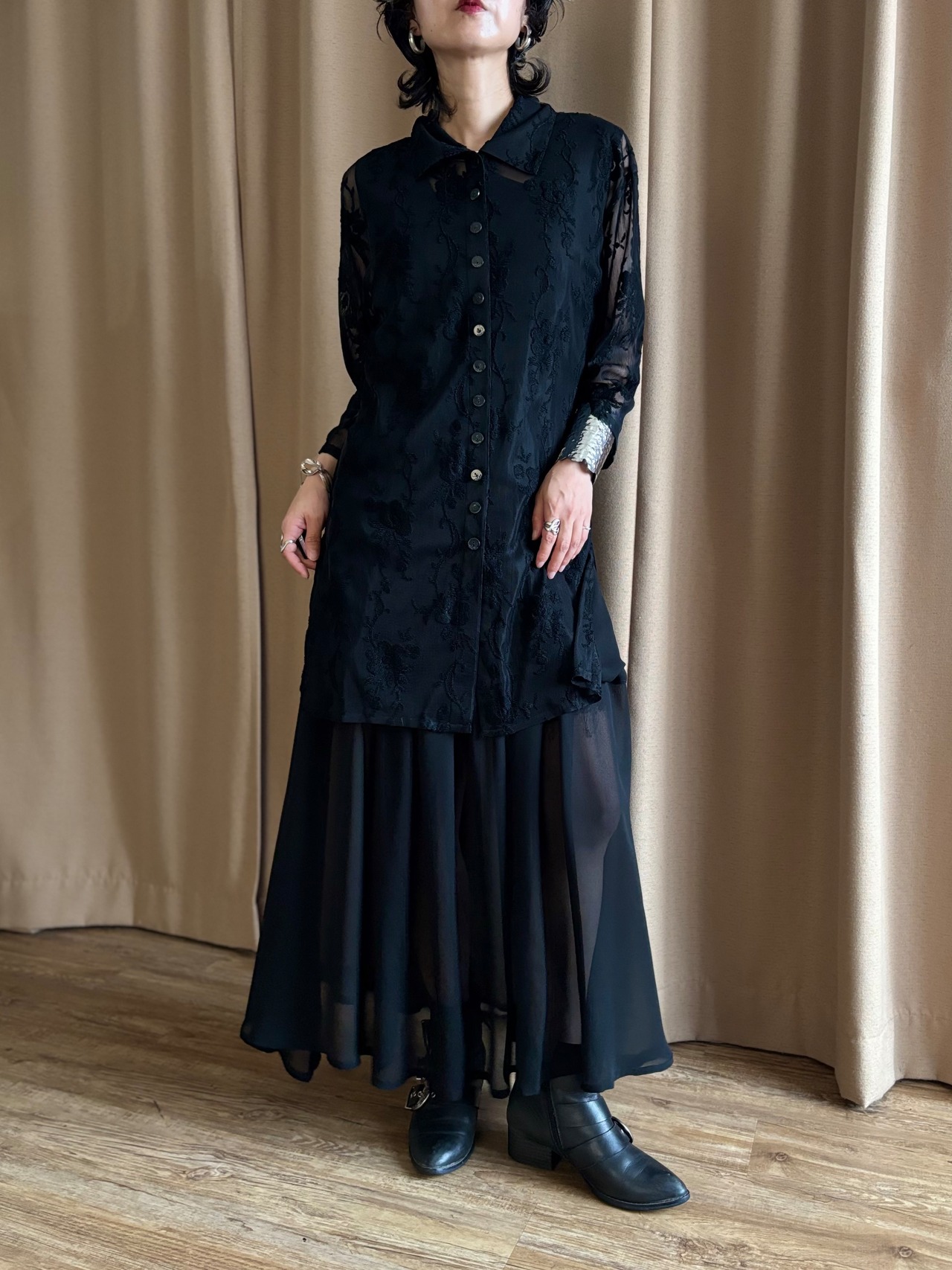 black floral lace sheer long shirt-5315-7