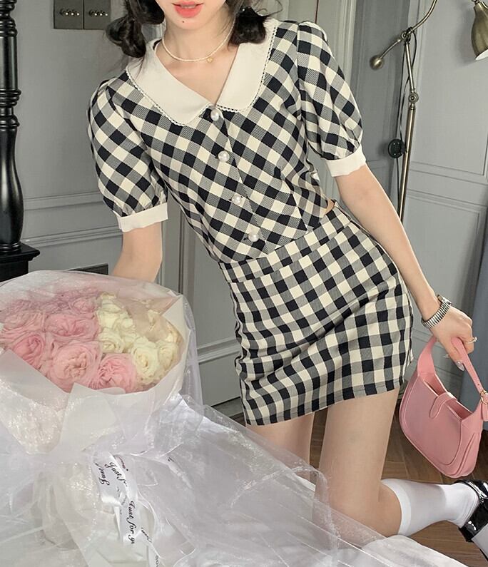 サマー格子柄半袖スリーブトップス ウェストスカート セット ショート ハーフスリーブ 夏物 モンロー53562368282