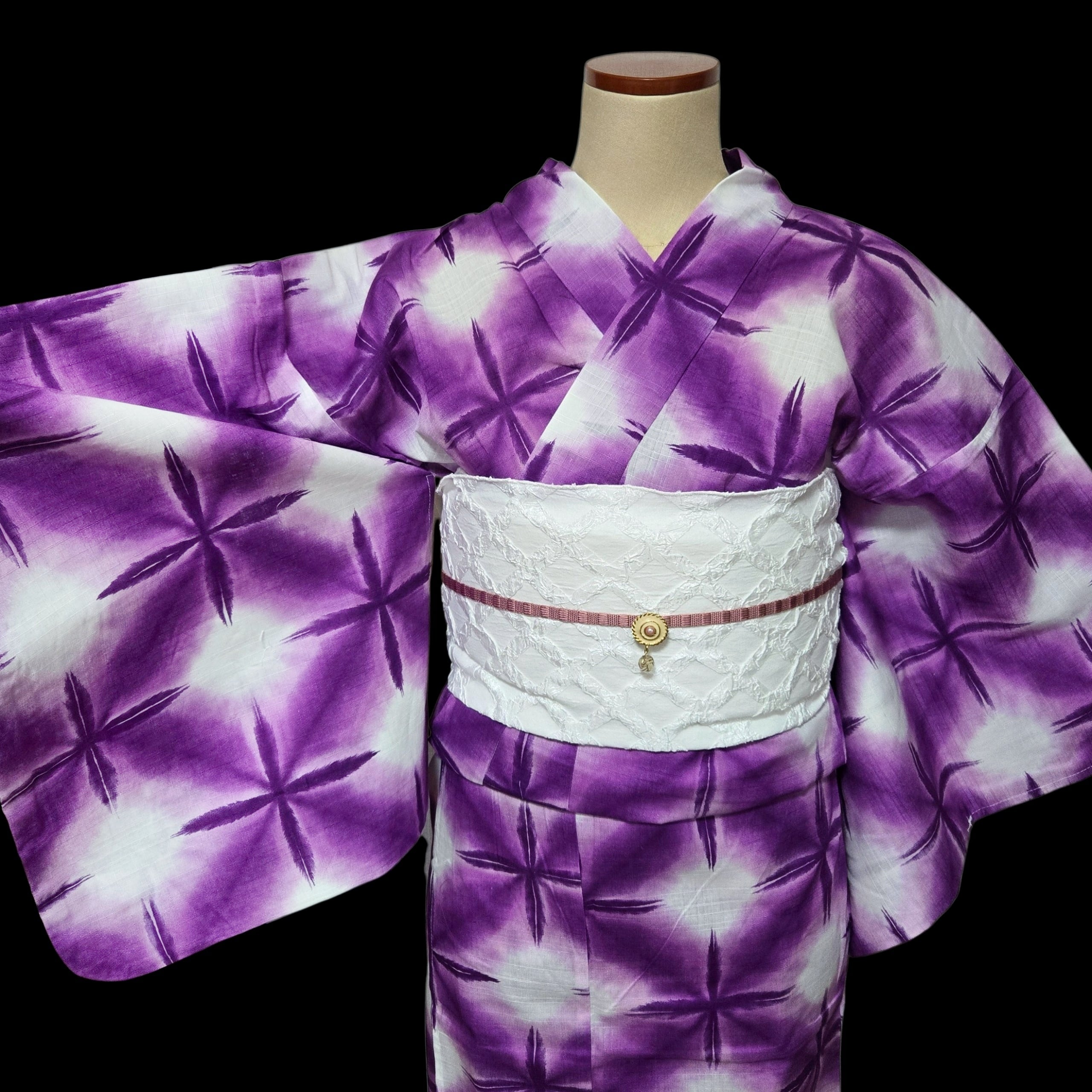 新品】 綿麻 浴衣 ぼかし 紫 兵児帯 レース 白 | アンティーク着物