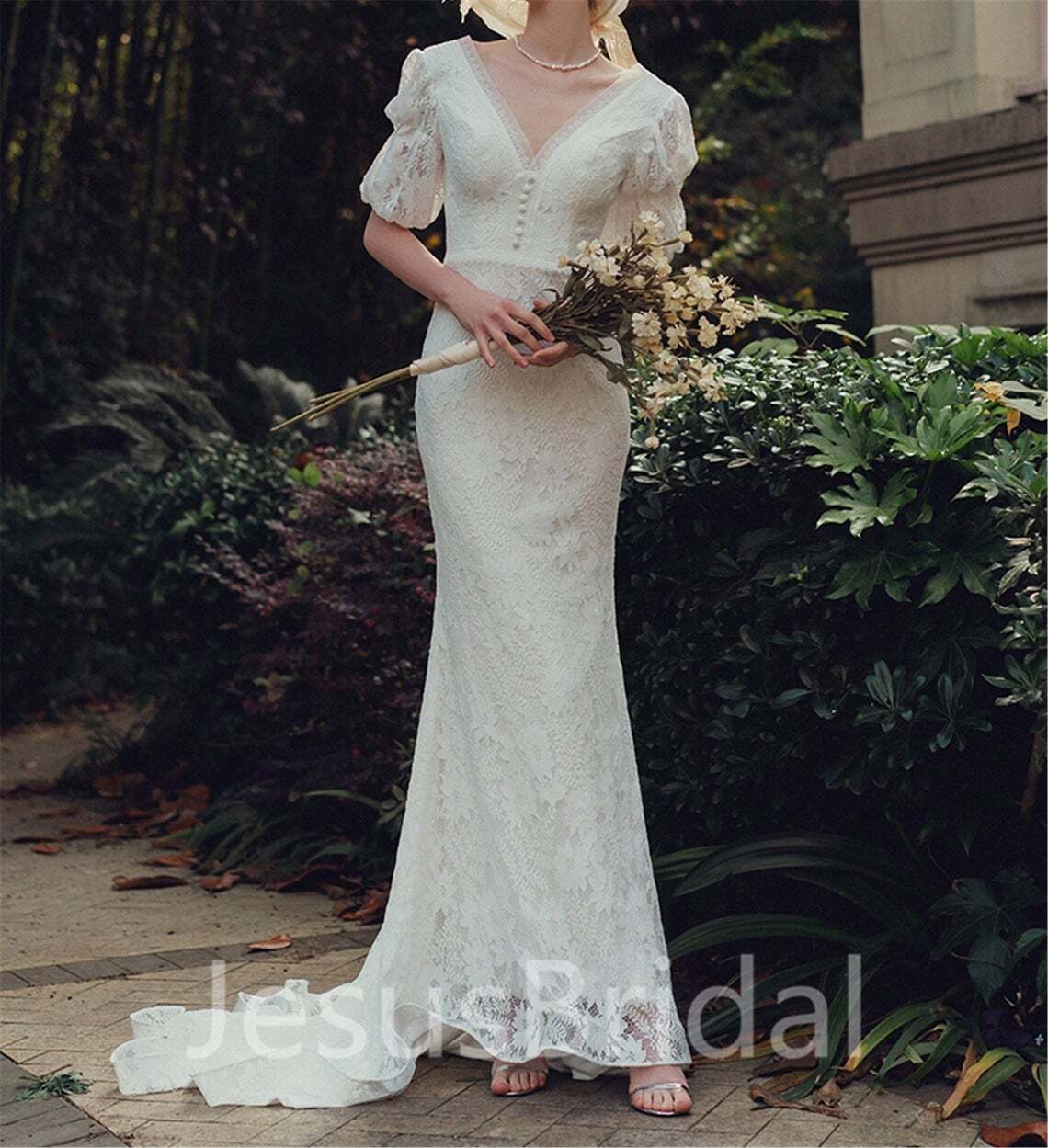 フランス風 ウエディングドレス Vネックドレス マーメイドライン 姫袖  