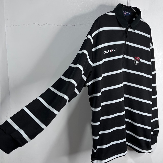 『送料無料』POLO SPORT　ボーダー柄ハーフジップラガーシャツ　黒白　XL　ポロスポ