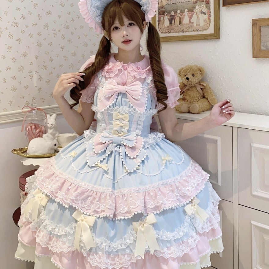 甘ロリ JSK レース×編み上げ ピンク×グリーン 4色展開｜WithU