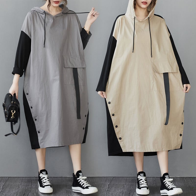 CONTRAST HOODED PULLOVER MIDI DRESS 2colors M-4378
