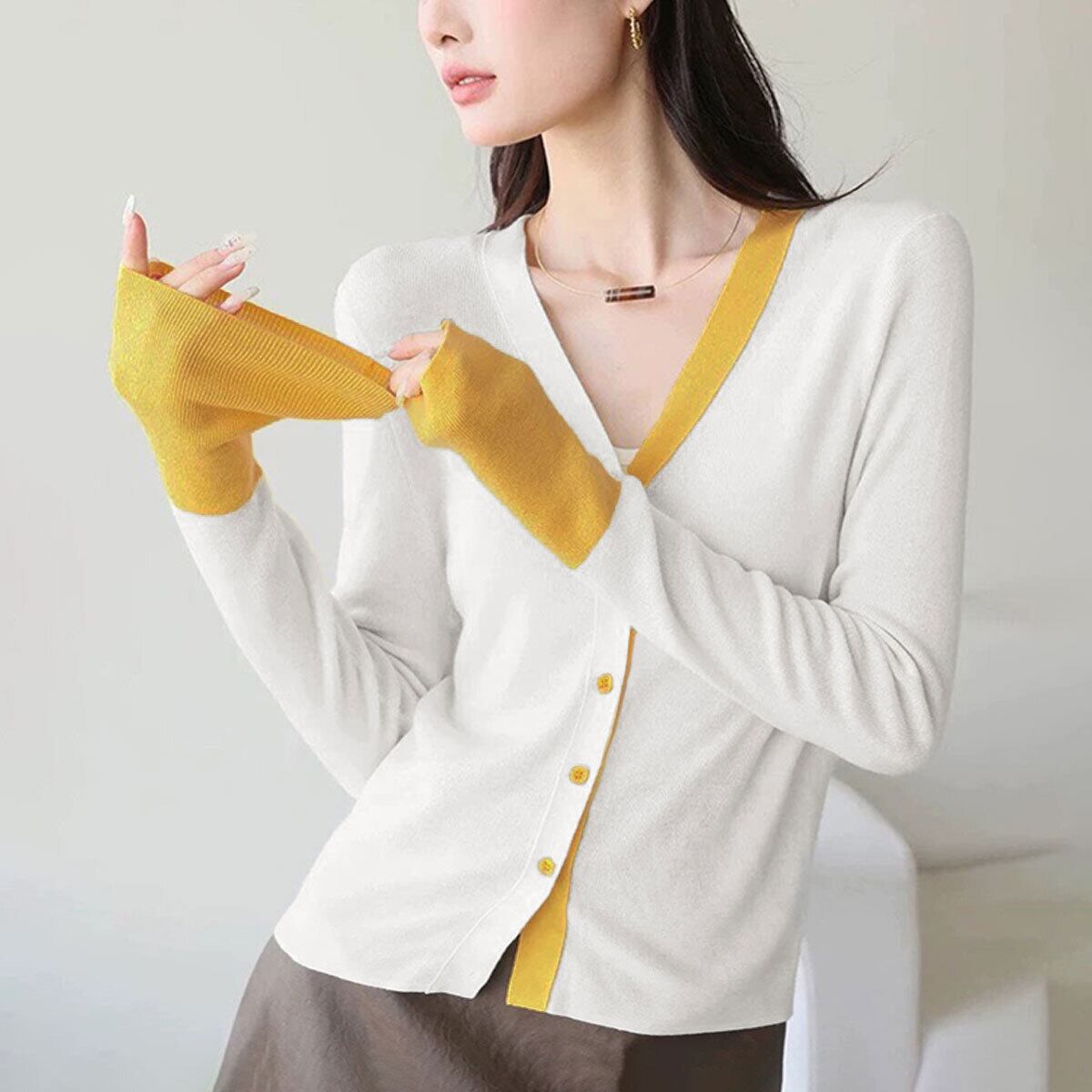 ニットカーディガン バイカラー 長袖 レディース 秋冬 韓国 レイヤード おしゃれ 大人 かわいい きれいめ 羽織り 重ね着 リブニット カジュアル 大人可愛い 大人女子