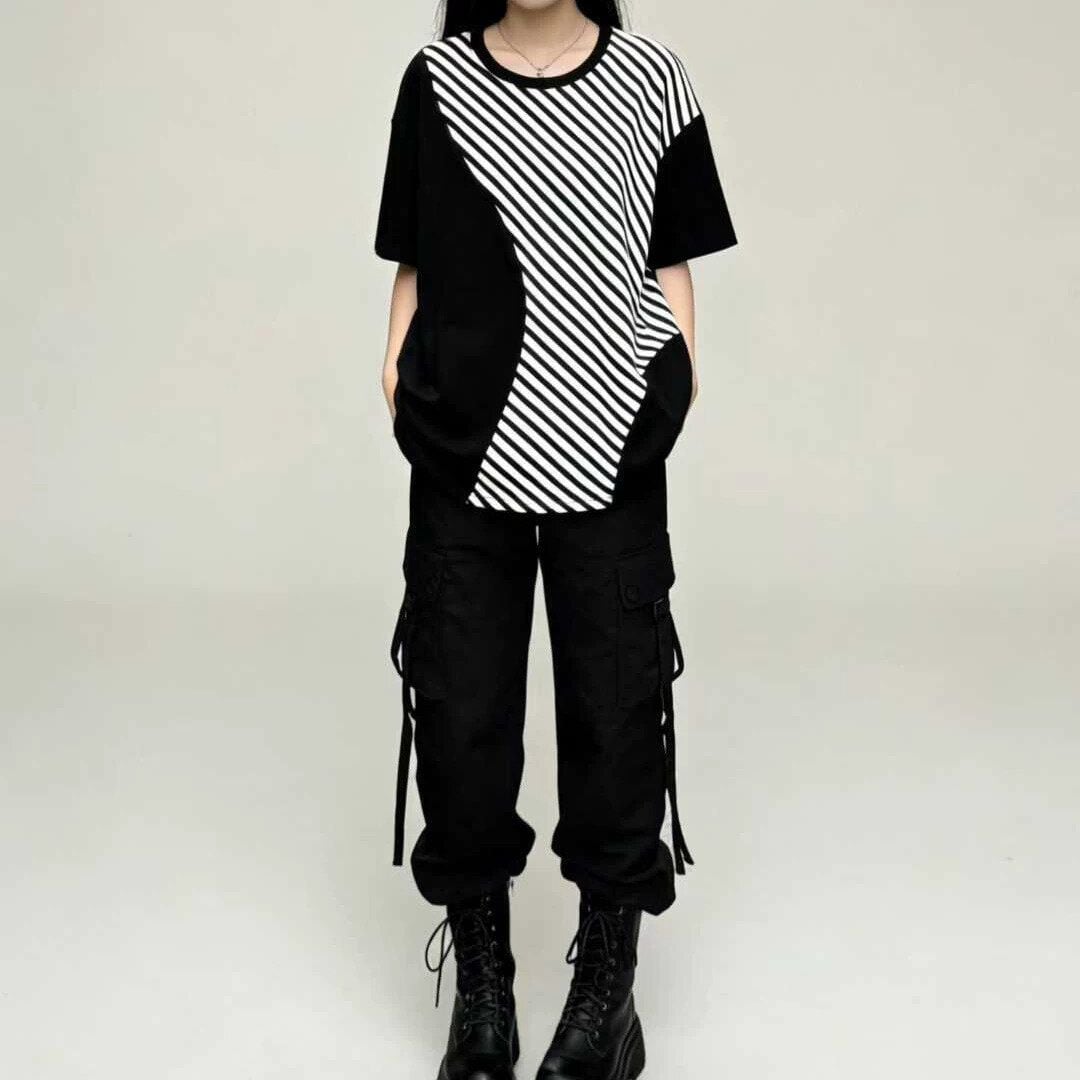 GEOMETRIC STRIPE ASYMME SHORT SLEEVE T-SHIRT M-16875