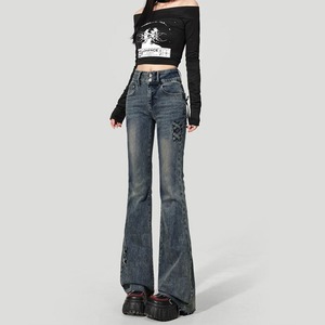 セミフレア デニム パンツ レディース Y2K 韓国風 ハイウエスト レースアップ ヴィンテージ ウォッシュ ベルボトム ブーツカット 美脚 脚長 細見え ストレート ウエストゴム ストリート [LS-CGP034]