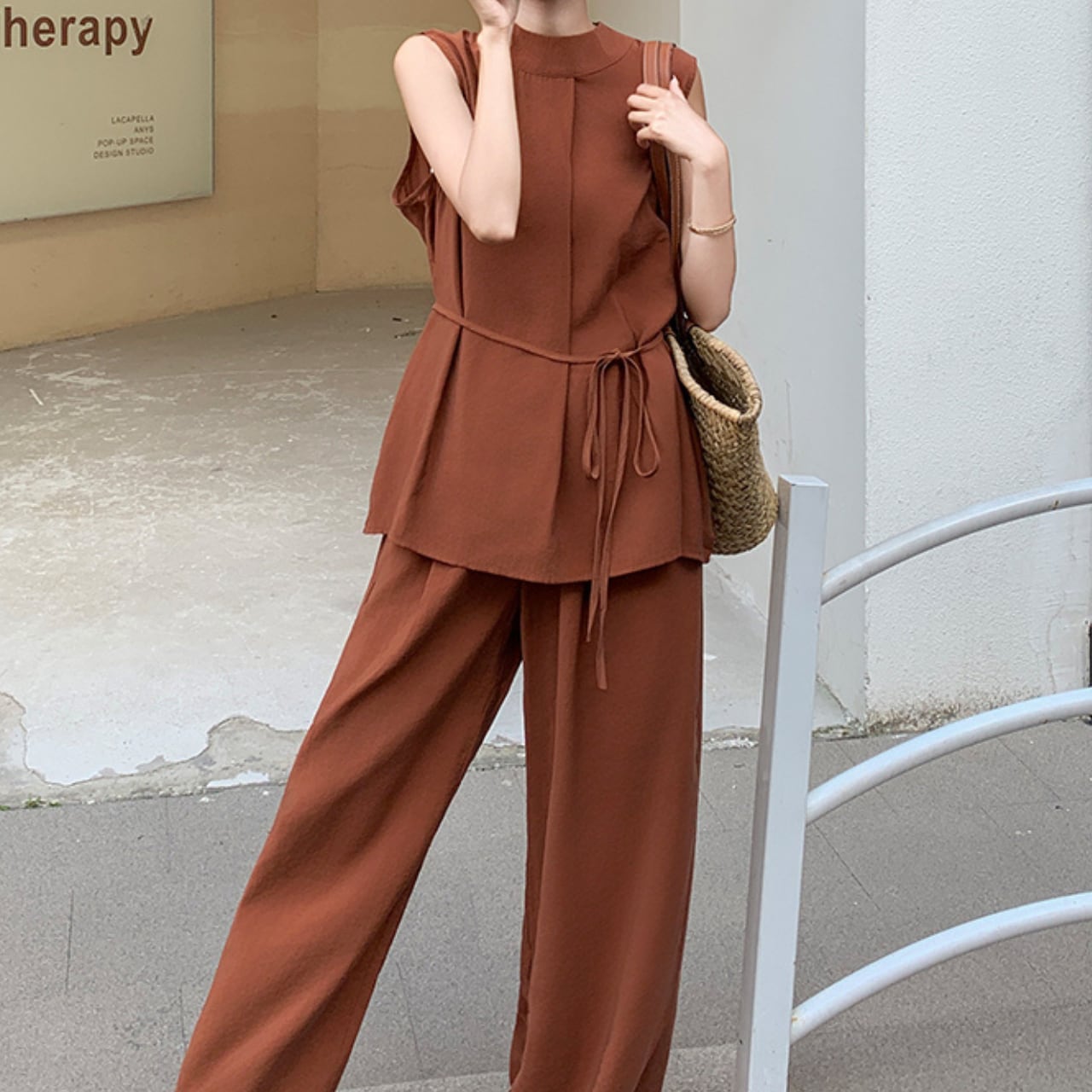 Waist tie top & wide leg pants set S1117