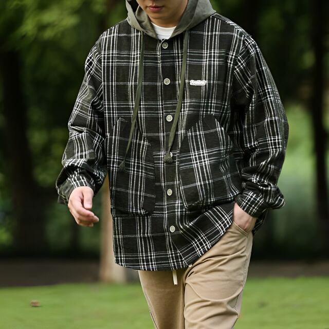 Hooded Plaid Button-Up Jacket [1766] | Japan Outdoor Living