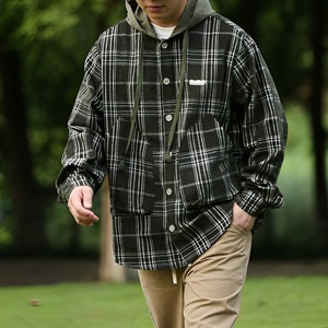 Hooded Plaid Button-Up Jacket [1766]