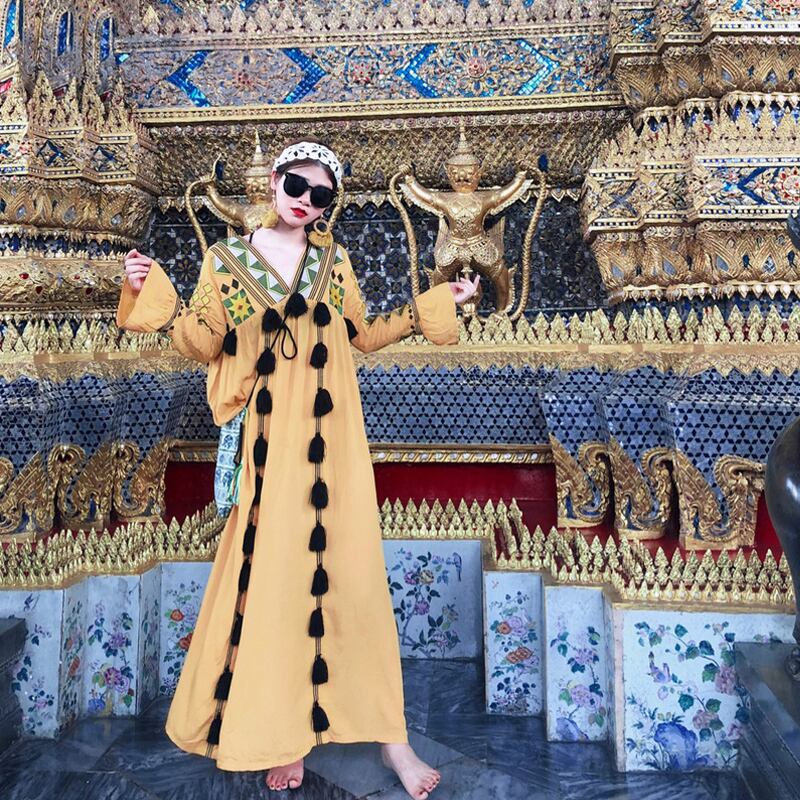 スタイルスタンダードスカート エスニック刺繍ドレス ルーズロング レッド レトロ ビーチ 延命家ファッション3229342