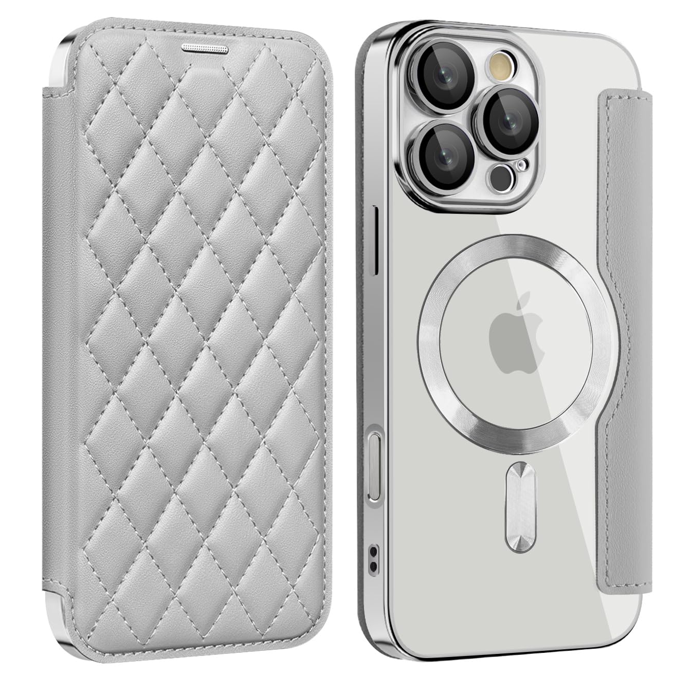 MuZiF iPhone 16 Pro Max 用 ケース 手帳型 Magsafe対応 クリア 背面 透明 キルティング 高級なPUレザー スマホケース カード収納 おしゃれ 韓国 人気財布型 カバー 軽量 アイフォン16 Pro Max 用 手帳カバー ケース (iPhone16 Pro Max用,チタングレー)
