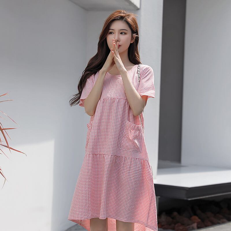 【新作】【送料無料】 9971＃ヴィンテージチェック柄コットンマタニティナーシングドレスサマープラスサイズゆるい母乳育児服妊婦妊娠 大きめサイズ 夏物 ビンテージ AL expec393635792811