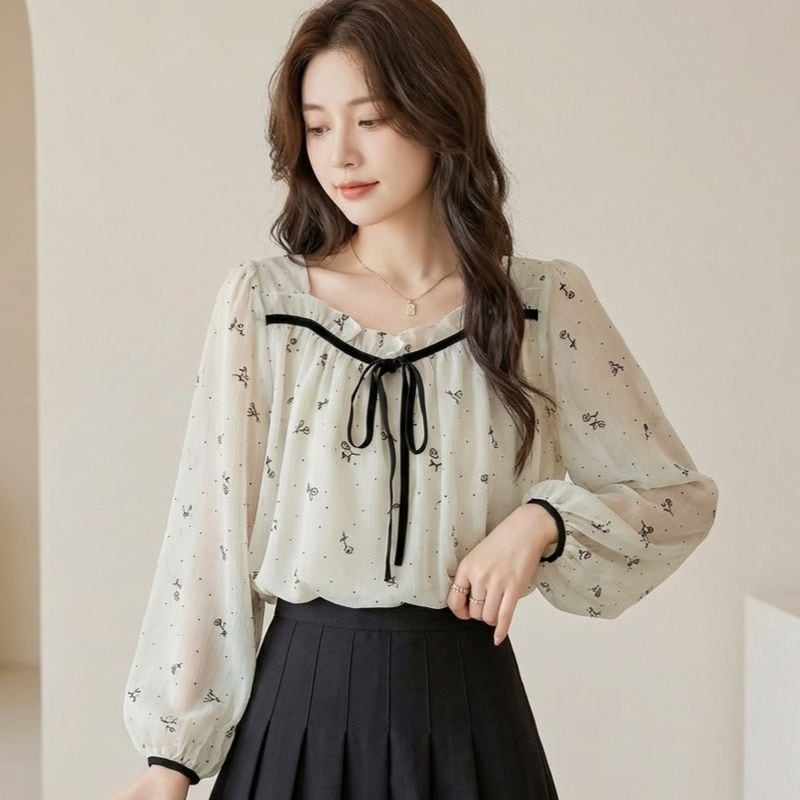 リボンシャーリングスクエアネックブラウス L1162