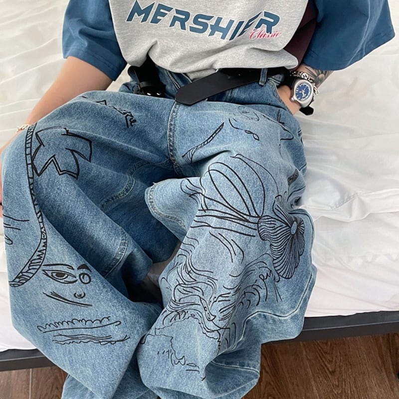 JUSHOUREN古着風落書きデニムパンツ | mblueshop