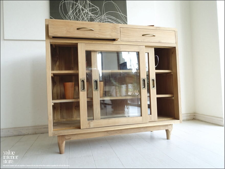 引き戸食器棚 Porte/N キッチン収納 飾り棚 カウンター ナチュラル