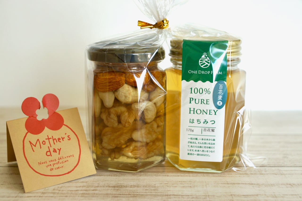 国産】ナッツの蜂蜜漬けと百花蜜のセット | ONE DROP FARMのはちみつ