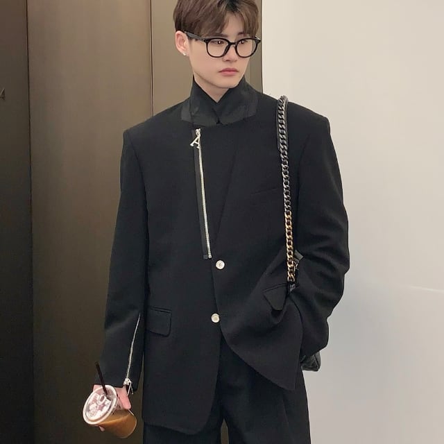 【予約販売】ジャケット 無地 ジッパーデザイン モード メンズ ブラック ホワイト ドレスアップ シック 結婚式 パーティー こなれ感 お洒落 韓国 トレンド M/L/XL