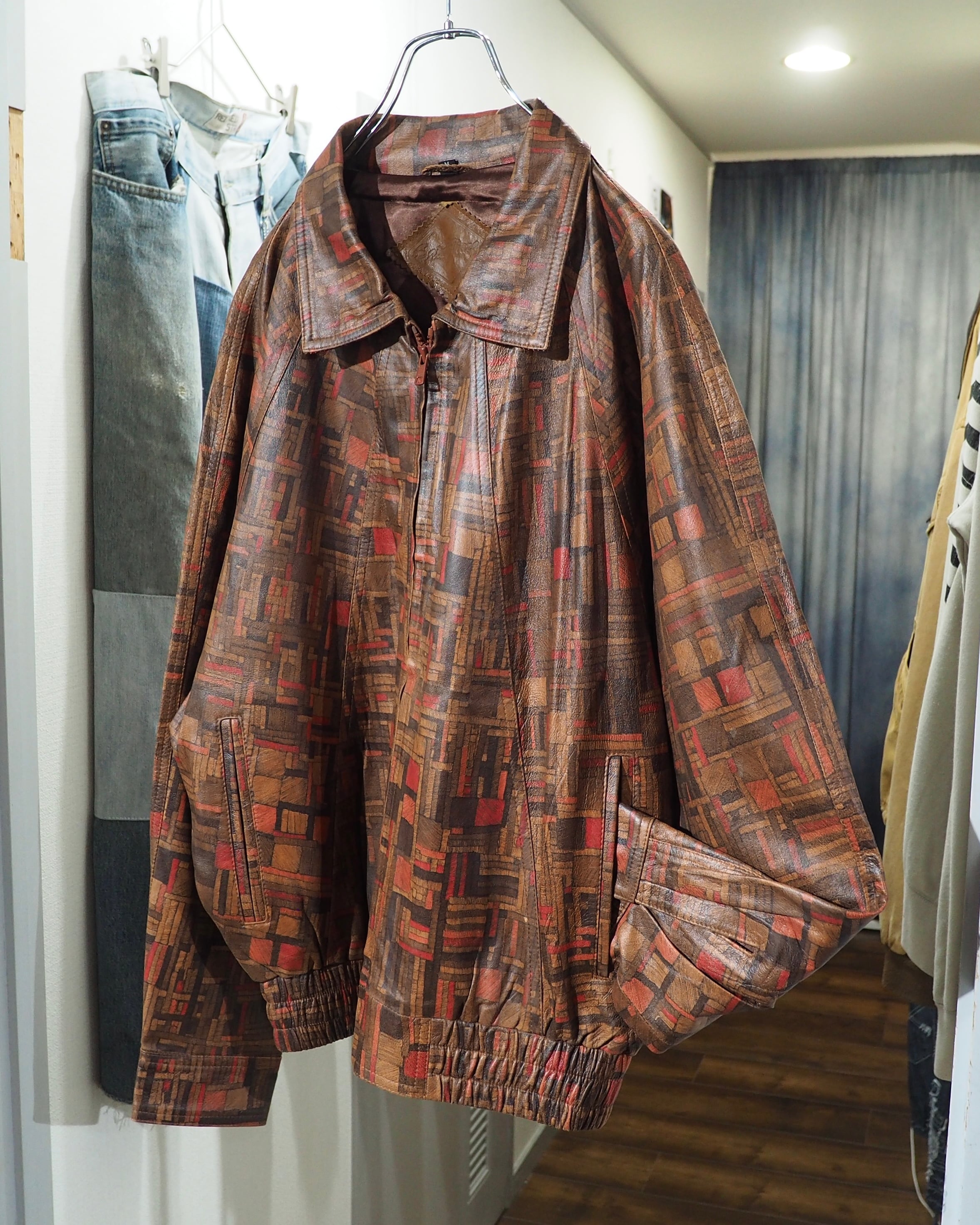 1990s Beautiful Abstract Square Pattern Vintage Loose Sheep Leather Jacket