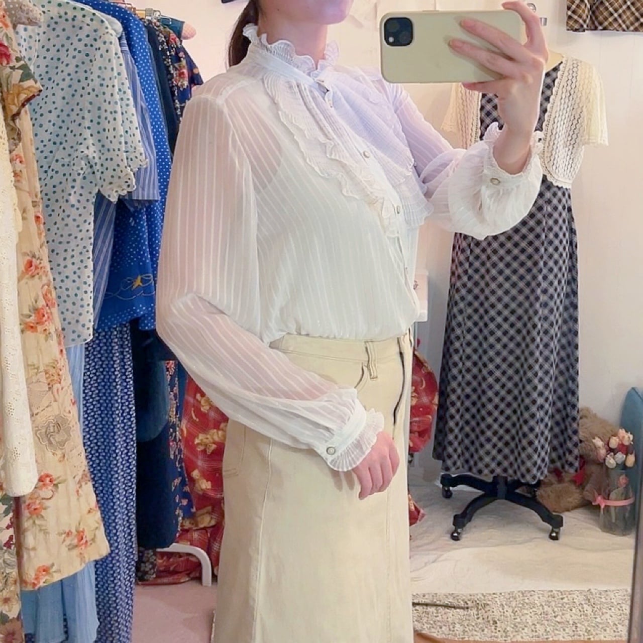 lame stripe sheer frill blouse