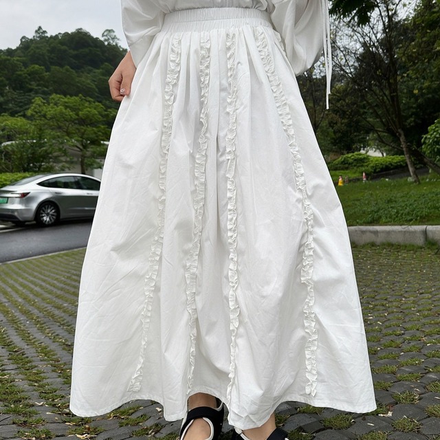 RUFFLED A-LINE ELASTIC WAIST MIDI SKIRT M-17415