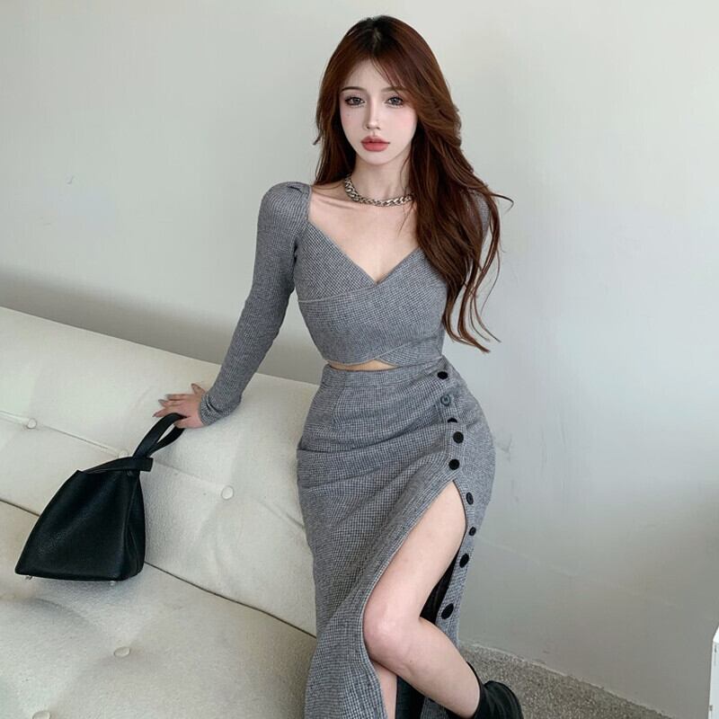 クロスVネックショートニットトップス レディースウェスト薄手スカート オータム ストリート 秋物 ガールズファッション58600006286