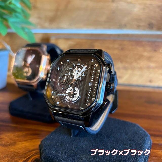 スタート＆ストップスクエアウォッチ　全3色　ファッション　アクセサリー　腕時計　アナログ式　メンズ　革ベルト　小物　