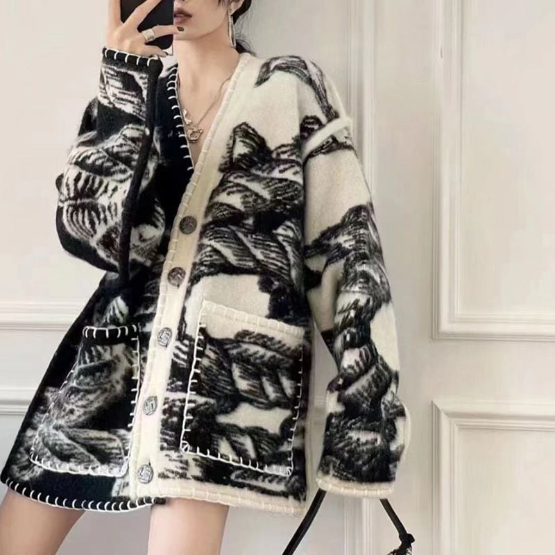 HAND-STITCH CONTRAST JACQUARD KNIT CARDIGAN M-18214