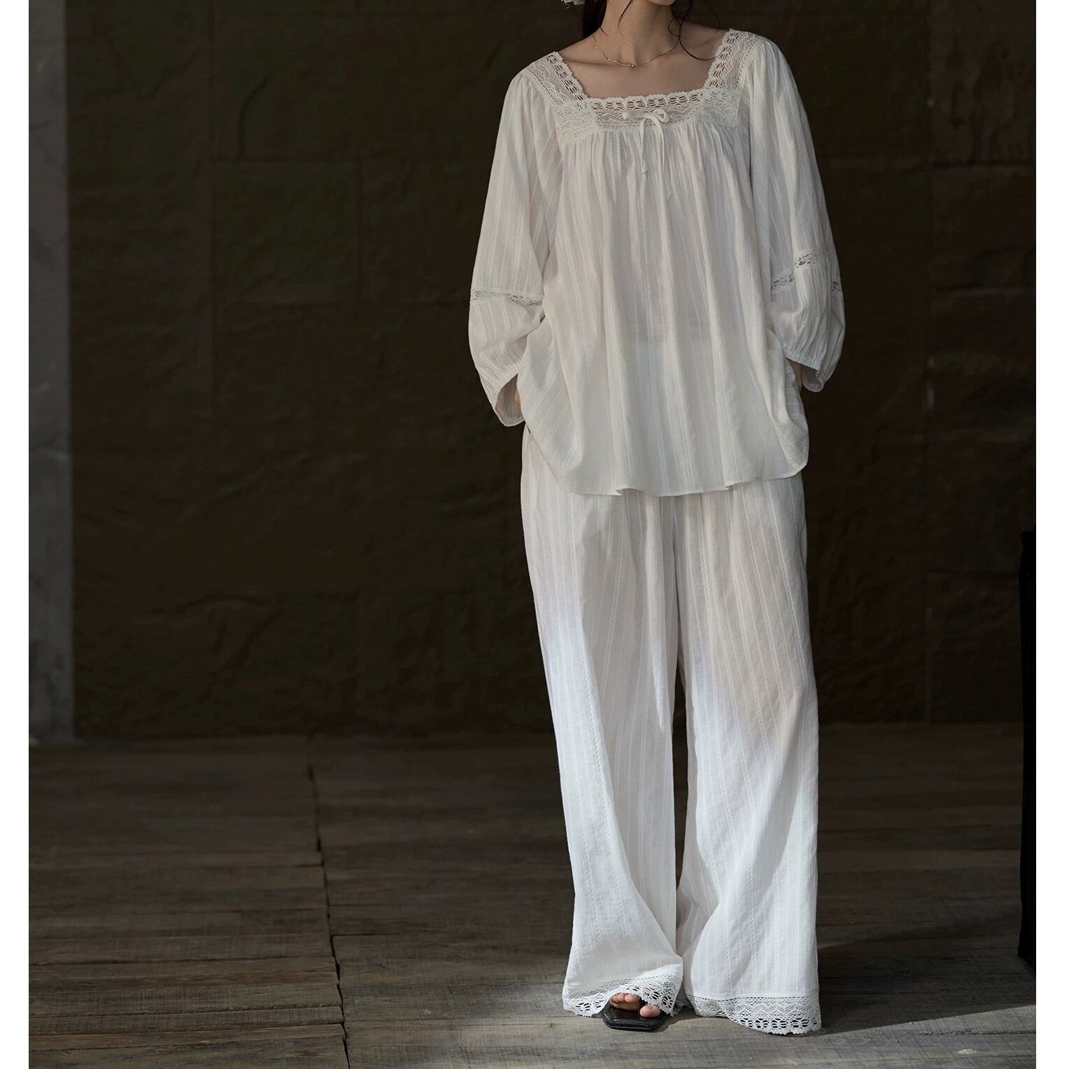 【M-XL】square-neck lace ribbon princess pajamas p1737