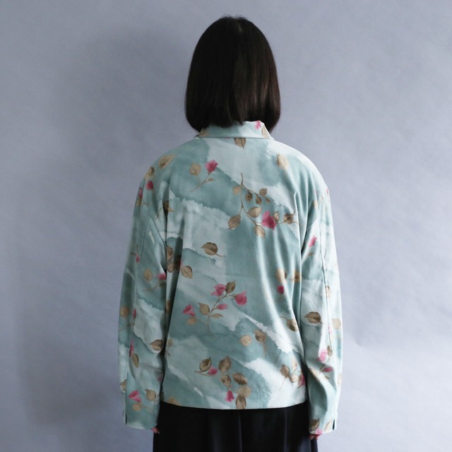 flower art pattern fake suede zip up jacket