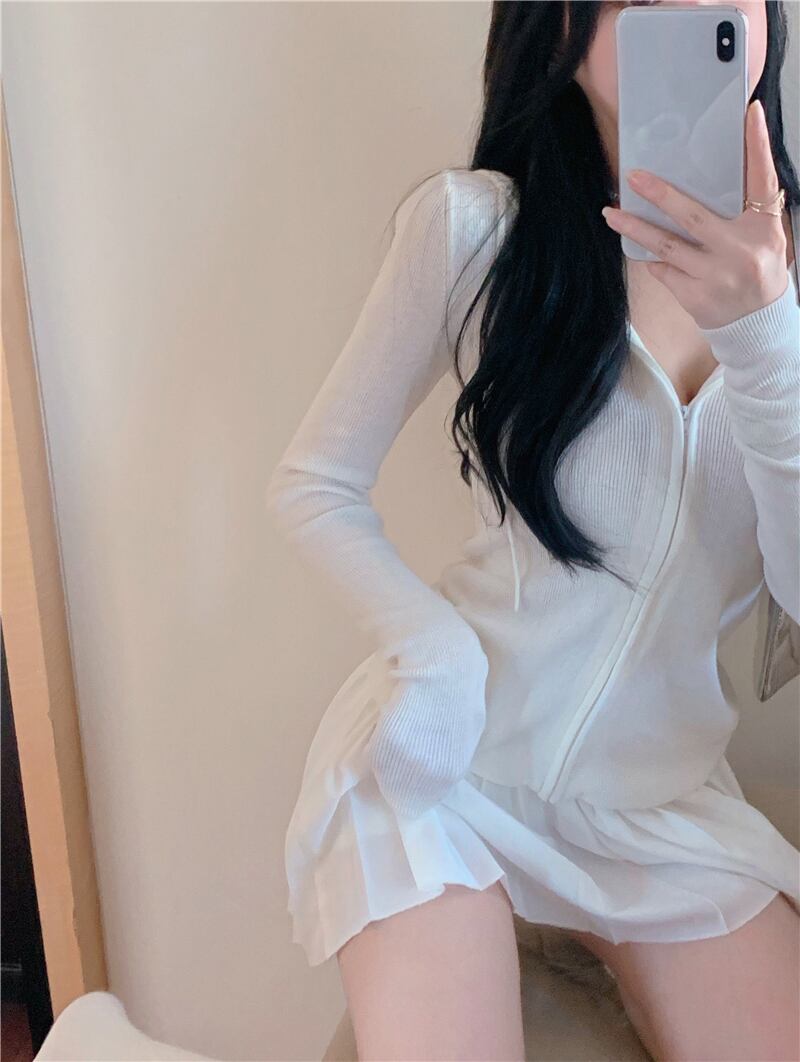 ニットカーディガンジャケット フードジッパー薄手サマー長袖スリーブトップス ロング 夏物 シルク ブラックストロベリース48201180607