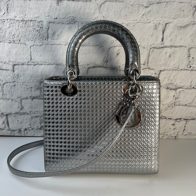 Dior レディディオール パテントパテントレザー ショルダーバッグ2WAY シルバー A-7938