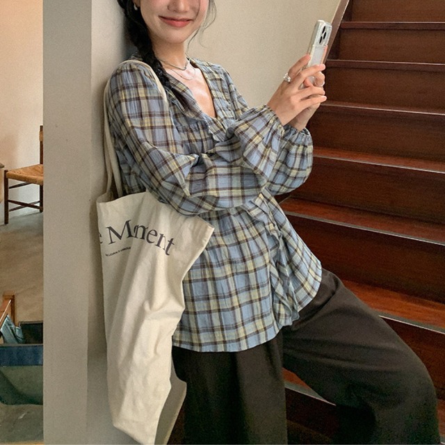 frill check blouse　J00485