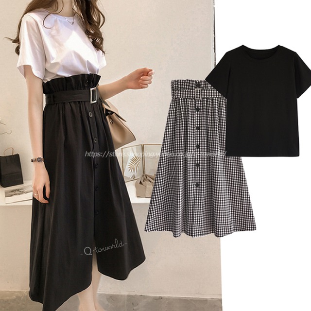 【М-４XL】半袖ティーシャツ+スカート　ベルト付き　２点セット　全2色 韓国ファッション服　日本未入荷